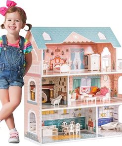 ROBOTIME Doll House Wooden Dollhouse for Kids 3 4 5 6 Years Old, Doll House w/28PCS Furniture Plastic, for 3.3”Dolls, Birthday Presents for Toddler 3+