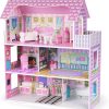Wooden Dollhouse for Girls, 3-Story Doll House Playset with Furniture & Accessories, Large DIY Wooden Pink House for Kids, Pretend Play Dollhouse Kit, for Toddlers & Girls