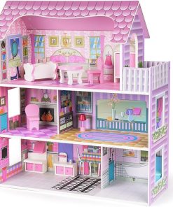 Wooden Dollhouse for Girls, 3-Story Doll House Playset with Furniture & Accessories, Large DIY Wooden Pink House for Kids, Pretend Play Dollhouse Kit, for Toddlers & Girls