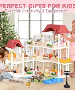 Tacobear Doll House for Girls Toddler Toys with 4 Doll Toy Figure, Pool Slide, Elevator, Furniture, Pretend Play Dream Dollhouse Playset with Lights Gifts for Kids Girls Age 3 4 5 6-12 Year Old 2