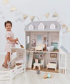 Teamson Kids – Dreamland Farm House Wooden Pretend Play Doll House Dollhouse For 12″ Doll with 14 Pieces of Furniture – White / Gray 2