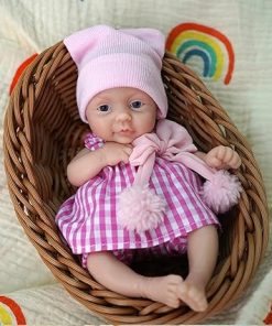 7″ Reborn Baby Doll Full Body Silicone Girl Pink Mini Realistic Eyes Open Baby Miniature Lifelike Newborn Doll Looking Real with Feeding Toy Accessories for Kids Age 3 +