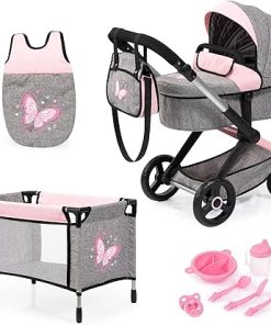 Bayer Design Dolls: Xeo Mega 10 Piece Set – Grey, Pink, Fairy – Pram, Bed, Handbag, Feeding & Care Accessories for Dolls Up to 18″, Kids Toy, Ages 3+
