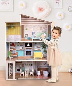 Olivia’s Little World Dreamland Mediterranean 3-Story Wooden Dollhouse with Skylight and 17-pc Accessory Set for 12″ Dolls, Pink/Brown 2