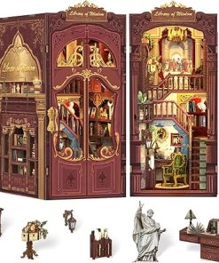 Cutefun Book Nook Kit, DIY Miniature Dollhouse Booknook for Adults, 3D Wooden Puzzle Bookend Bookshelf Insert Decor with LED Light, Gift for Craft Lovers (Library of Wisdom)