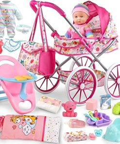 Baby Doll Stroller Toys Set with 12.5″ Baby Doll,Dining Chair,Quilt Pillow,24 PCS Baby Doll Accessories and 2 Sets Doll Clothes,Baby Stroller Toys for Girls Toddlers 3-5 4-6 5-7 Gifts for Pretend Play
