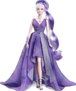 Barbie Crystal Fantasy Collection Amethyst Doll (13-in, Platinum Hair) with Genuine Amethyst Stone Necklace, Wearing Gown and Accessories, Gift for Collectors