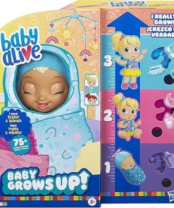 Baby Alive Baby Grows Up (Happy) – Happy Hope or Merry Meadow, Growing and Talking Baby Doll, Toy with 1 Surprise Doll and 8 Accessories, Blue