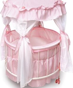 Badger Basket Wooden Pavilion Doll Bed for Dolls – Includes Padded Mat – Durable, Stylish Toy Furniture with Canopy for Pretend Play & Decor for Kids Ages 3+ – Pink