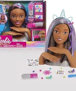 Barbie Deluxe 20-Piece Glitter and Go 12.75-inch Styling Head and Accessories – Brown Hair, Kids Toys for Ages 5 Up by Just Play