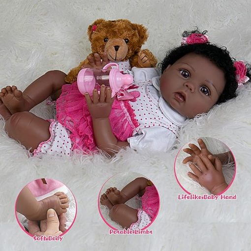 Reborn Baby Dolls 22-Inch Lifelike Baby Doll Soft Cloth Body American African Realistic Baby Doll Girls Real Life Baby Dolls with Clothes and Toy Accessories Gift Set for Kids Age 3+ - Image 2