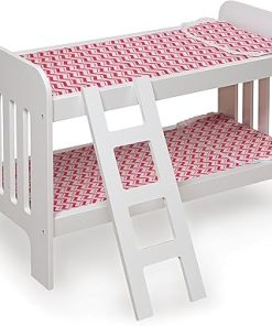 Badger Basket Chevron Doll Bunk Bed with Bedding, Ladder, and Padded Mats – Ideal for Dolls Up to 20 Inches in White and Pink