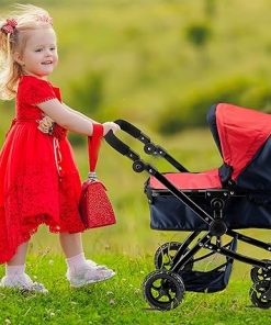 Convertible Baby Doll Stroller for Dolls – Bassinet Toy Buggy for Toddlers 3 Years and up, Adjustable Seat & Handle with Storage Basket, Red Design for Kids 2