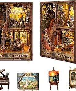 Book Nook Kit-DIY Dollhouse Kit 1:24 Scale Wooden Miniature Studio with Dust Cover Bookshelf Decor 3D Puzzle Book Nooks for Adults to Build Gift-Key Tracking (SQ-31)