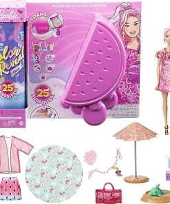 Barbie Color Reveal Foam! Doll & Pet Friend with 25 Surprises: Scented Bubble Solution, Outfits, Hair Extension, Accessories, Kid Bracelet & Charm Hidden in Sand; Sunny Watermelon-Theme