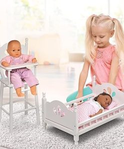 Badger Basket Charming English Country Doll High Chair and Bed Set with Chevron Bedding for 18-Inch Dolls in White and Pink 2
