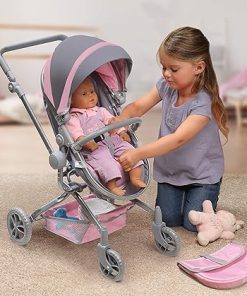 Badger Basket Foldable Doll Stroller & Pram for Dolls – Convertible Toy with Canopy, Basket & Soft Handle – Lightweight, Easy to Use for Girls Ages 3+- Gray/Pink 2
